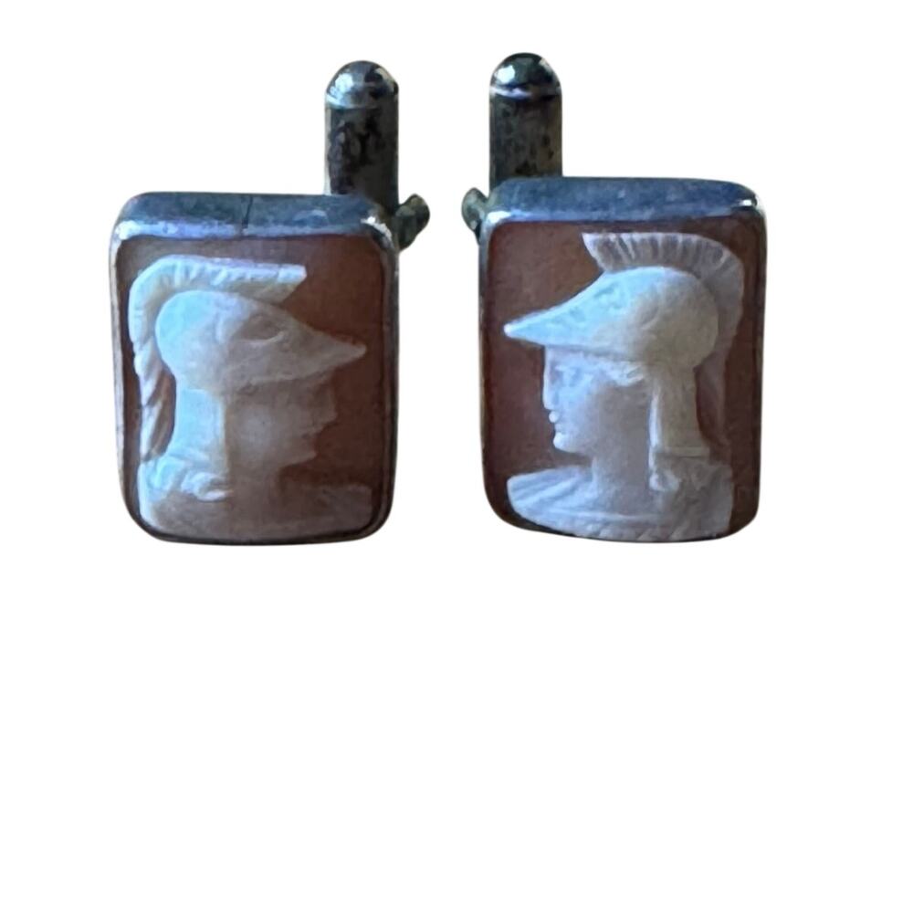Vintage Roman Greek Warrior Cameo Cufflinks Silver Tone Mens Rectangle Menswear